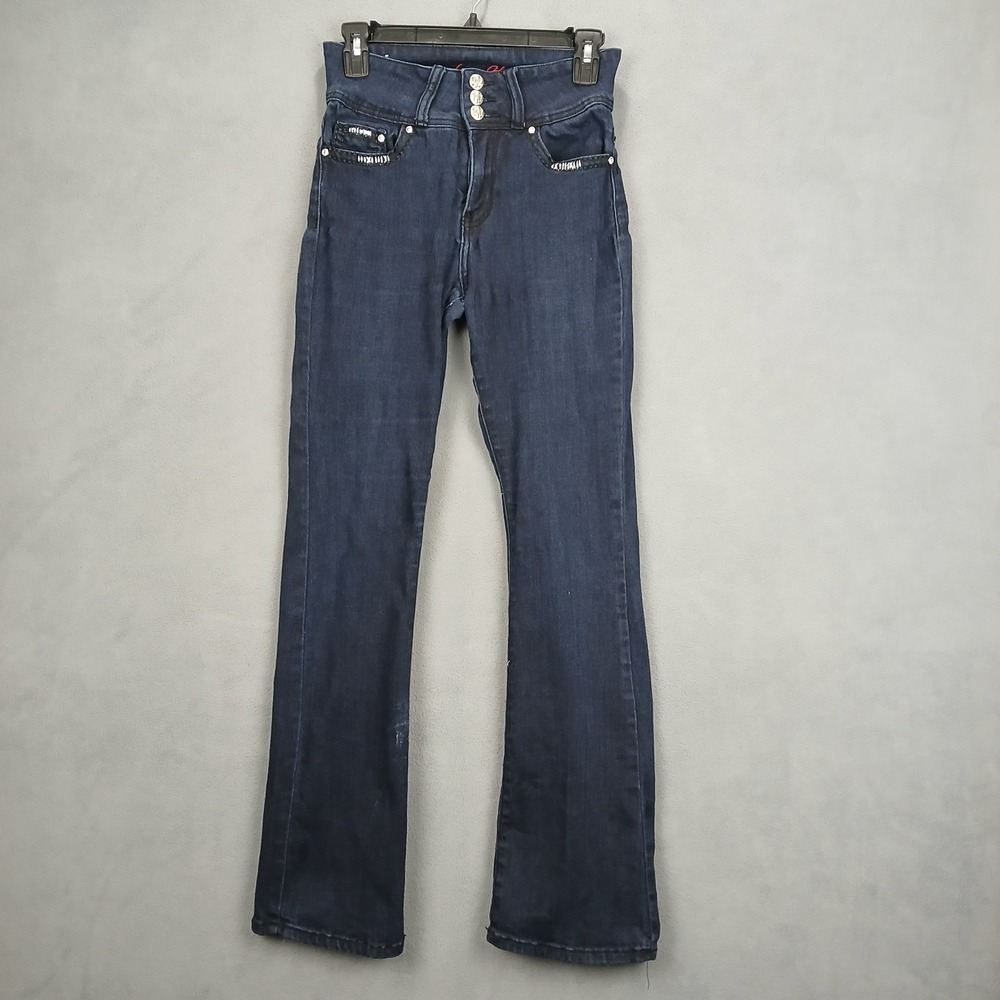 Love You Bootcut Jeans Womens 3/4 Blue Denim Cotton Embroidered Cross Rhinestone